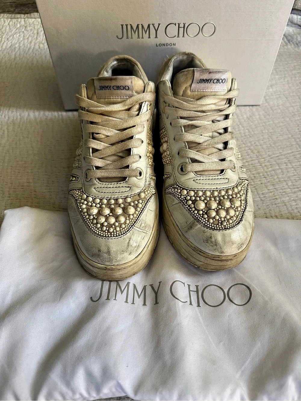 Jimmy Choo Hawaii/F Pearl Embellished Leather Sneakers EU 39